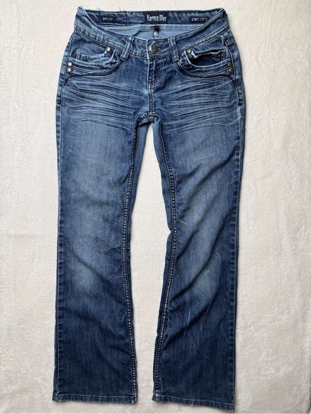Karma Blue Women’s Medium Blue Bootcut Distressed Low Rise Jeans